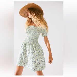 Women’s Floral Off Shoulder Smocked Mini Dress - Yellow and Green